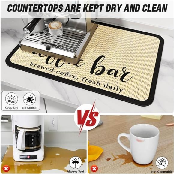 Coffee Bar Mat | Stain-absorbent with waterproof rubber backing | Coffee 19"x12" - Picture 4 of 8